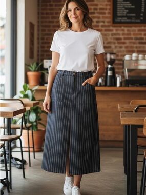 Striped Navy Maxi Skirt with Front Slit